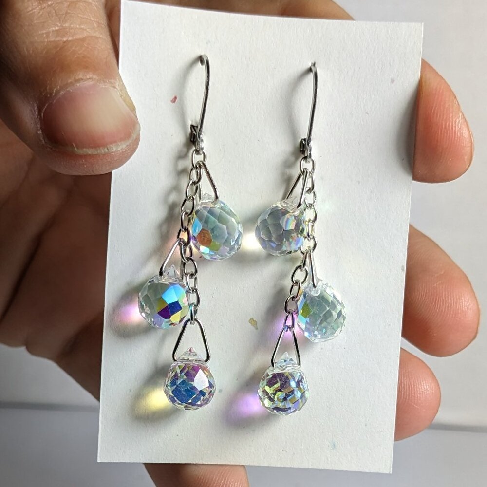 Hand-made AB finished glass beads on stainless steel lever back earrings. New!